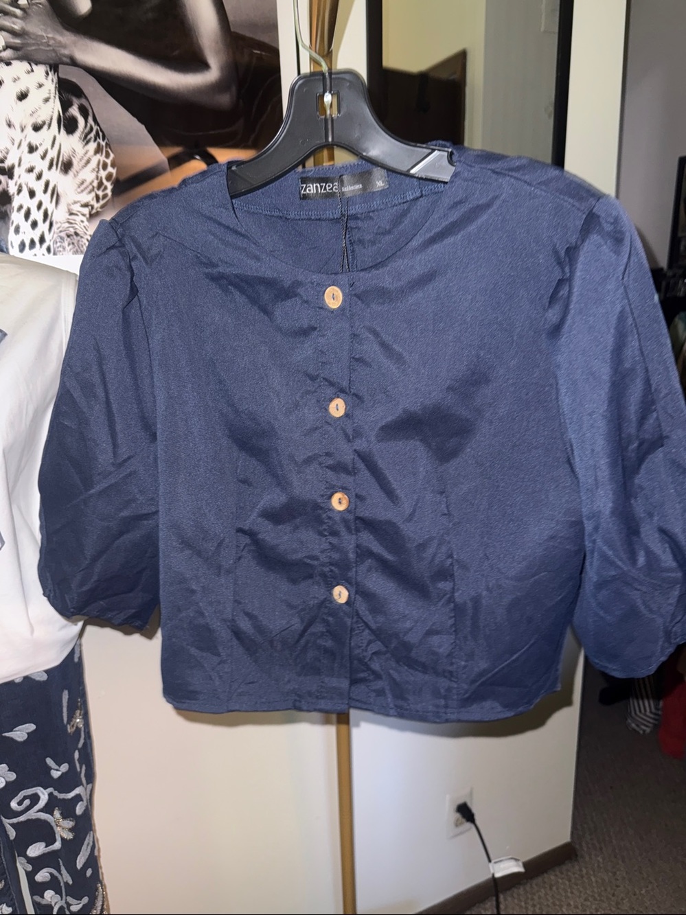 Zanzea Navy Cropped Button-Front Blouse